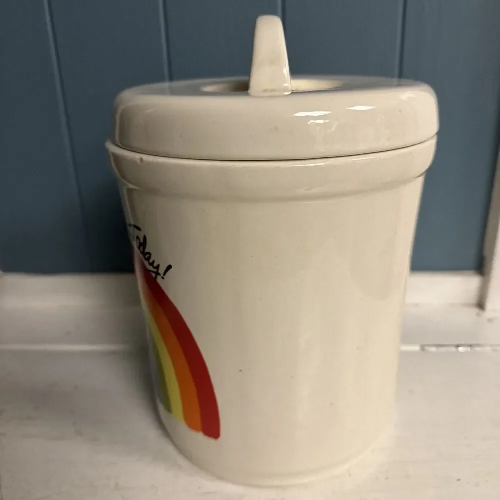 Vtg‎ Califonis Pottery Rainbow 9” Ceramic Cookie Jar Have a Happy Day… Today!
